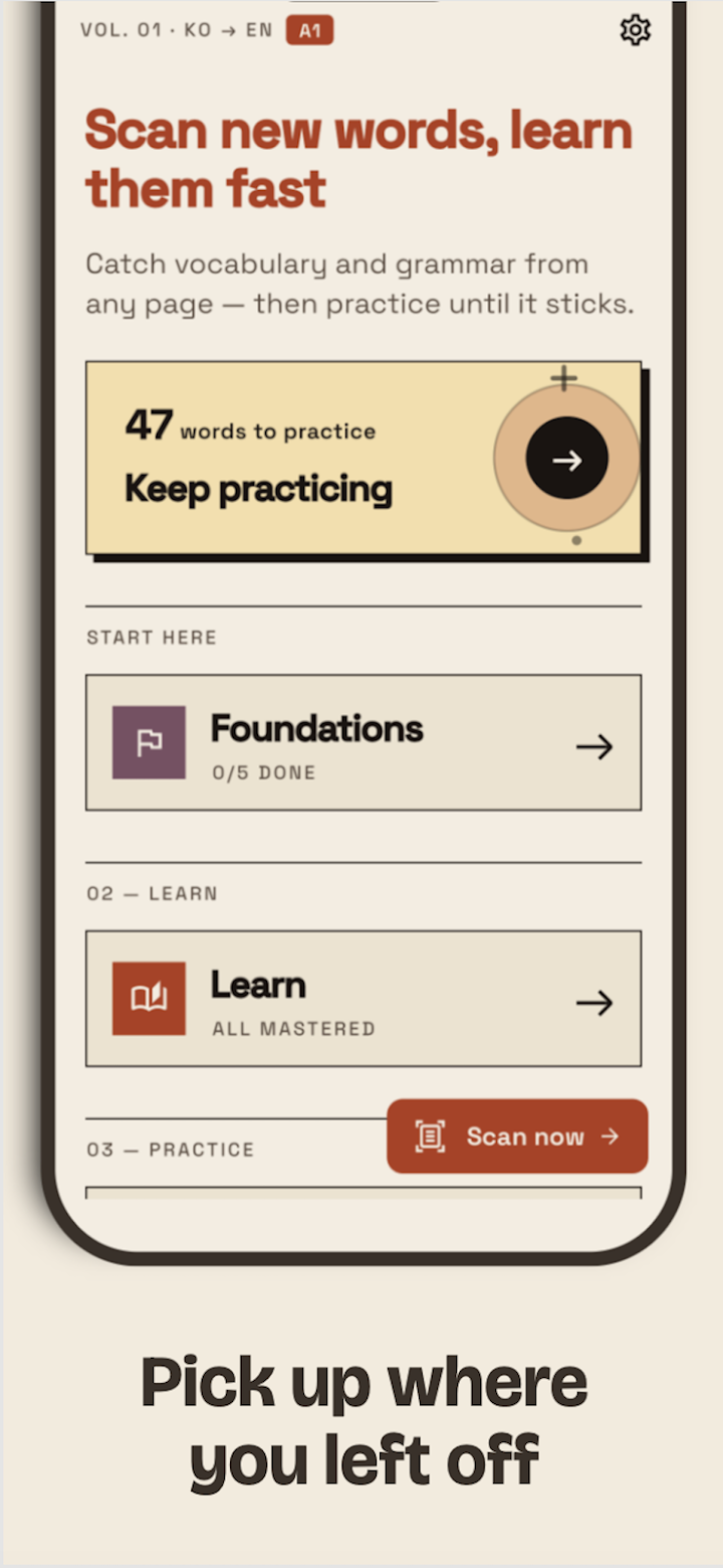 EzFluent home screen — words to practice, foundations and scan